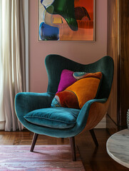 Modern armchair with colorful cushions in a stylish living room