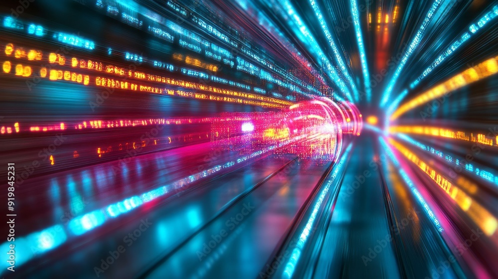 Poster abstract representation of digital data flow with bright blue and red lights in a dynamic pattern
