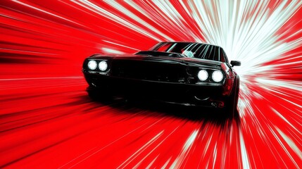 A black sports car speeding through a vibrant red background with motion blur effects at night