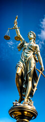 Statue of lady justice holding sword and gold coin in her right hand.