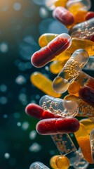 A close-up view of colorful capsules containing various substances, set against a blurred background with bubbles