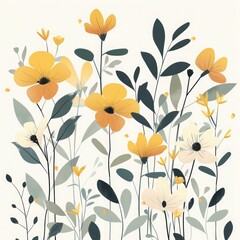 A vibrant arrangement of yellow and white flowers with green leaves, captured in a delicate botanical illustration