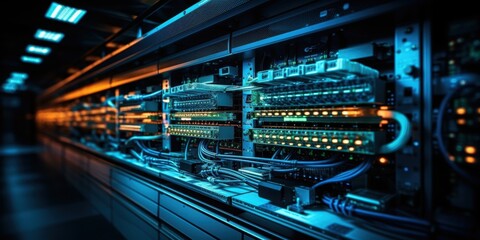 Server room with switch, internet cables and wires. Fiber optic equipment in data center. Network background, panorama