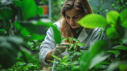 A young female botanist in a white lab coat examines plants closely in a lush green greenhouse