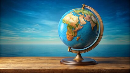 World globe with wooden base, bronze meridian, blue ocean, and political map, world globe, wooden base