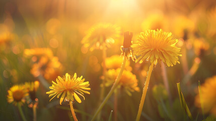 Obraz premium Lovely yellow dandelions in bloom with the sun shining on them 