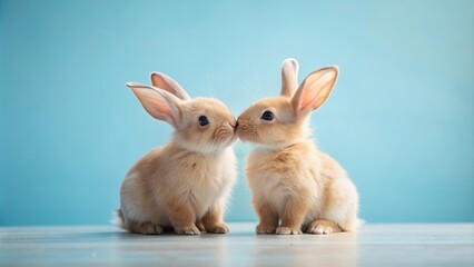 Obraz premium Two small cute easter bunnies kissing on a light blue background, Valentine's Day, holiday, love, romance, cuddle, affection
