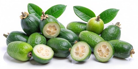 Collage of feijoa fruits on white backgrounds , feijoa, fruit, collage, fresh, green, tropical, healthy, organic, exotic