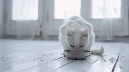 A white cat is eating from a metal bowl on a wooden floor. The cat appears to be enjoying its meal