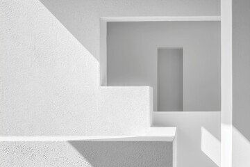 A minimalist architectural composition featuring white geometric shapes and shadows creating depth and contrast