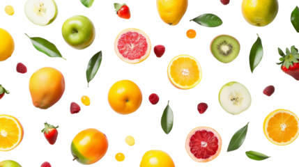 Various Assorted of fruits oranges, kiwi, raspberries, strawberries, apple from flat lay view isolated on background, tropical fruits for summer refreshment.