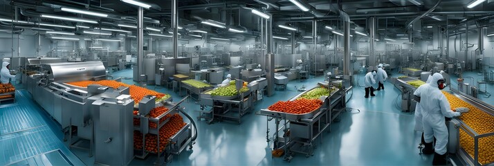 Ultra-Realistic Food Processing Facility – Workers in Protective Gear Operating Machinery in Dynamic Industrial Setting.
