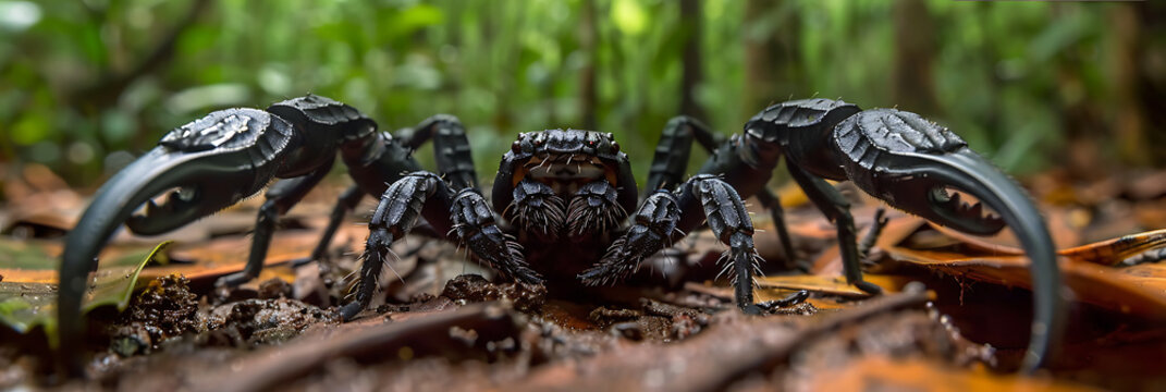 Amazonian Black Scorpion Tityus obscurus crawling on the forest floor in the Amazon rainforest known locally as Escorpiopreto