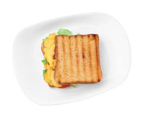 Tasty toasted bread with melted cheese, tomato and lettuce isolated on white, top view
