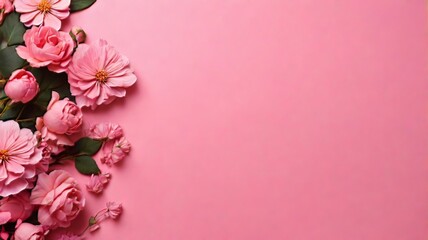 Fototapeta premium Romantic and Paper cut flowers on pastel pink background with copy space ai generated