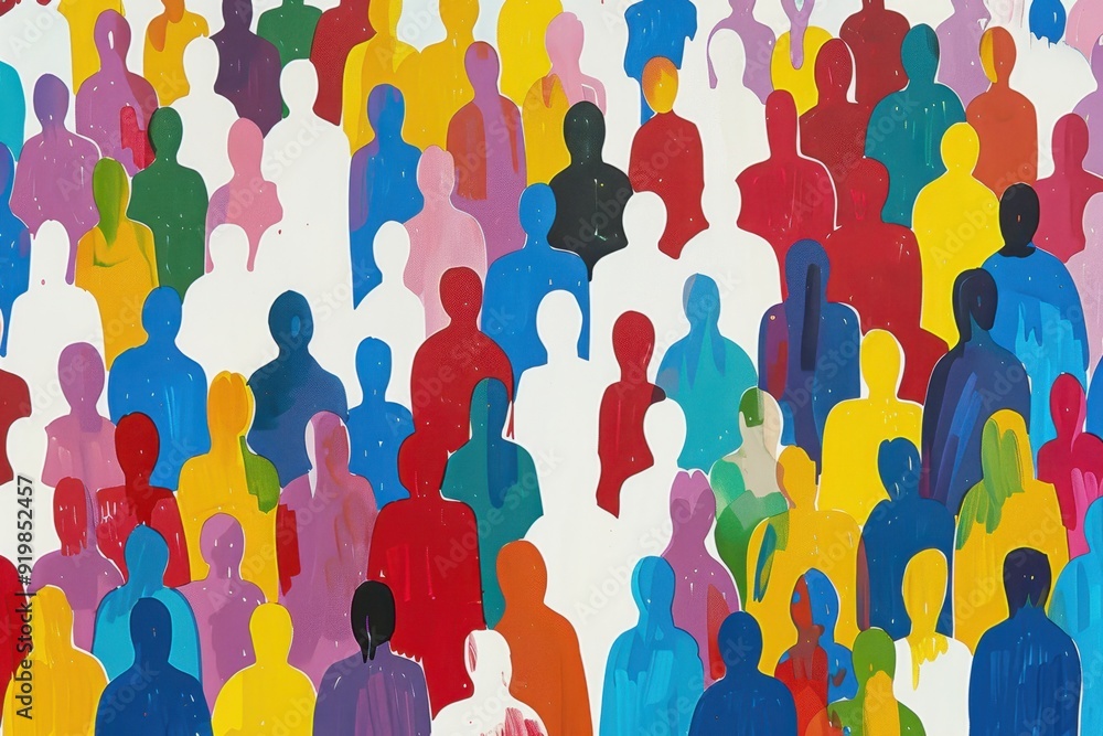 Poster illustration of people in different colors, arranged to form the shape of an audience or crowd, repr