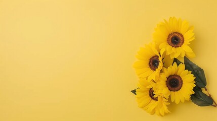 Sunflowers on Yellow Background, Bright and Minimalistic Floral Arrangement with Ample Copyspace, Ideal for Summer-Themed Invitations, Nature-Related Designs, or Floral Decor Projects.

