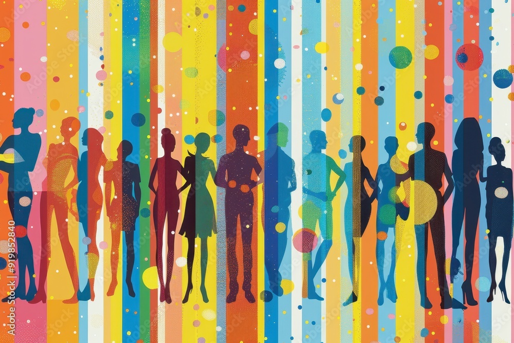 Poster a vibrant and colorful illustration depicts people of various sizes and shapes standing together in 