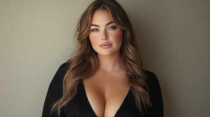Fototapeta premium A beautiful plus-size woman with fair skin and long, straight hair wears a stylish black dress, standing on a neutral tan background with gentle shadows