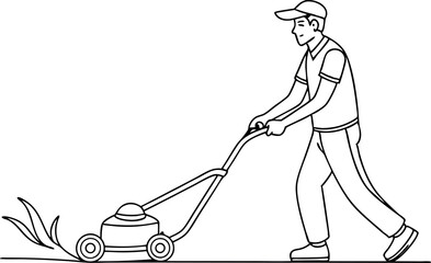 Man Mowing Lawn Using Push Mower Line Art Illustration