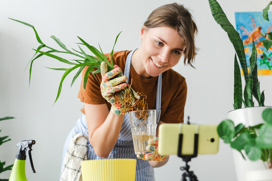Gardener woman holding plant roots and recording video blog about repotting plants