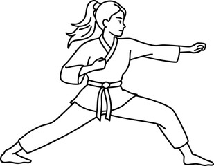 Line Art of Woman Practicing Martial Arts in Karate Pose