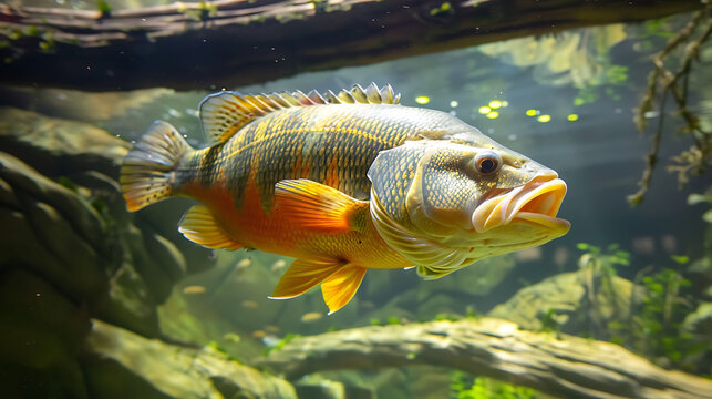 Amazonian Peacock Bass Cichla ocellaris swimming through the waters of the Amazon River also called Tucunar