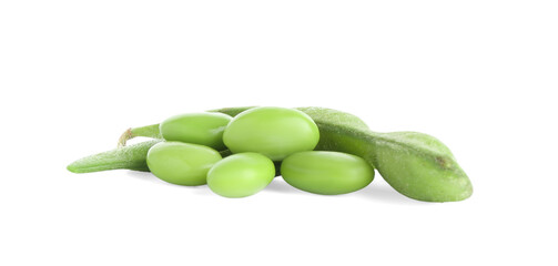 Raw green edamame pods with soybeans isolated on white