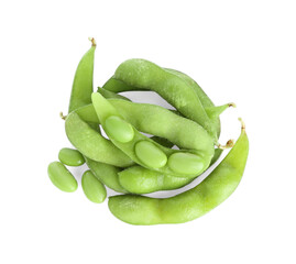 Raw green edamame soybeans and pods isolated on white, top view