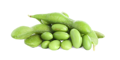 Raw green edamame soybeans and pods isolated on white