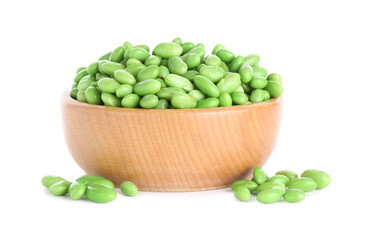 Raw green edamame soybeans in bowl isolated on white