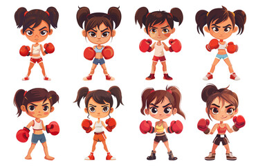 Boxing girls. Fight woman girl boxer in sport glove strong power female person athletic strength workout sportswear gym training cartoon characters set vector illustration