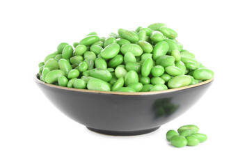 Raw green edamame soybeans in bowl isolated on white