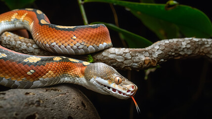 Fototapeta premium Amazonian Redtailed Boa Boa constrictor constrictor coiled around a tree branch in the Amazon rainforest locally known as Jiboiaderabovermelho