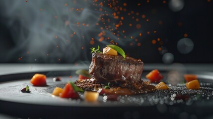Gourmet dish with grilled steak on a black plate. Stylishly presented food with garnishes and vibrant colors. Culinary art with fine dining presentation. Perfect for restaurant and food magazines. AI