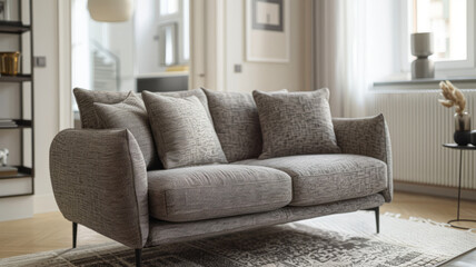 Gray modern sofa in a stylishly decorated living room