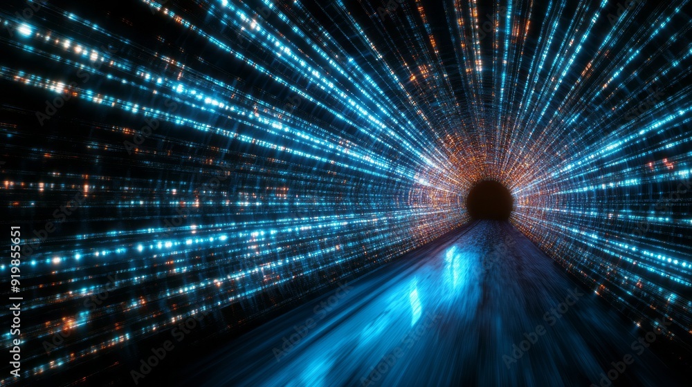 Poster a futuristic light tunnel created with glowing blue and orange particles, creating a sense of speed 
