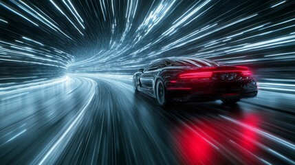 Obraz premium A sleek sports car speeds through a tunnel illuminated by vibrant light trails at night