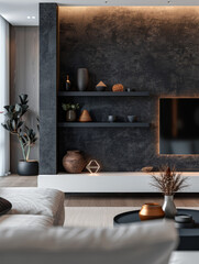 Stylish modern living room with minimalist dark wall decor