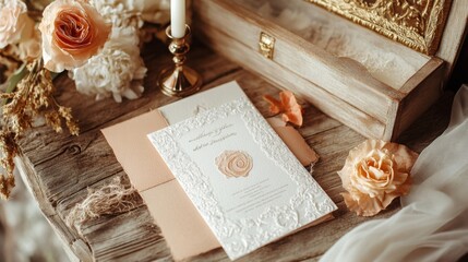 A beautifully styled wedding invitation rests on wooden decor next to fresh roses and a candle, capturing a romantic atmosphere.