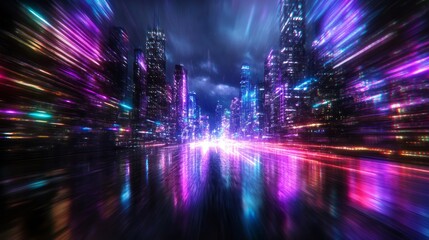 Vibrant city skyline at night illuminated by neon lights and reflections on wet pavement