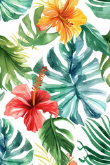 A tropical scene with a red flower and green leaves