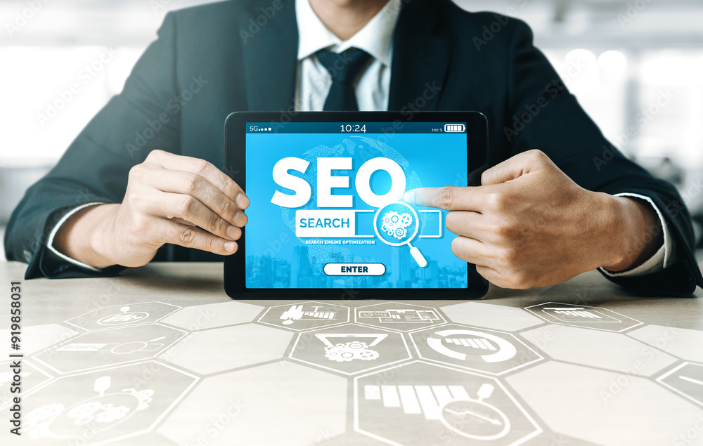 Poster seo - search engine optimization for online marketing concept. modern interface showing symbol of ke