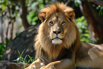 A lion is laying on a rock in a grassy area