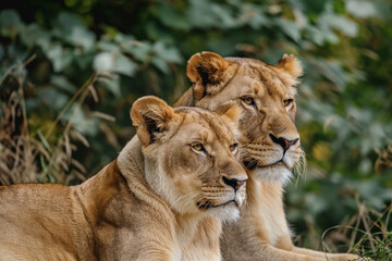 Obraz premium Two lions are laying down next to each other in a grassy area