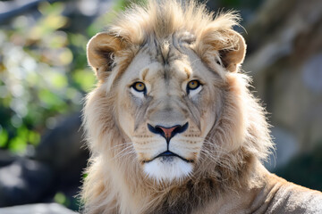 Obraz premium A lion with a long mane and a yellowish-orange face