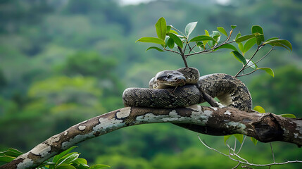 Fototapeta premium Enormous Anaconda coiled around tree branch heart of Amazon jungle powerful body blending surrounding vegetation waits patiently next meal embodying stealth strength of rainforest's top constrictor