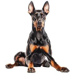 PNG Doberman sitting calmly on a white background