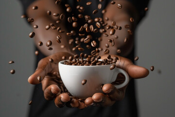 Invigorating morning, motivation to start the day concept. Close-up African American hands holding...