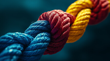 Fototapeta premium Team building and team strengthening concept symbolised with colorful ropes, created with generative AI technology